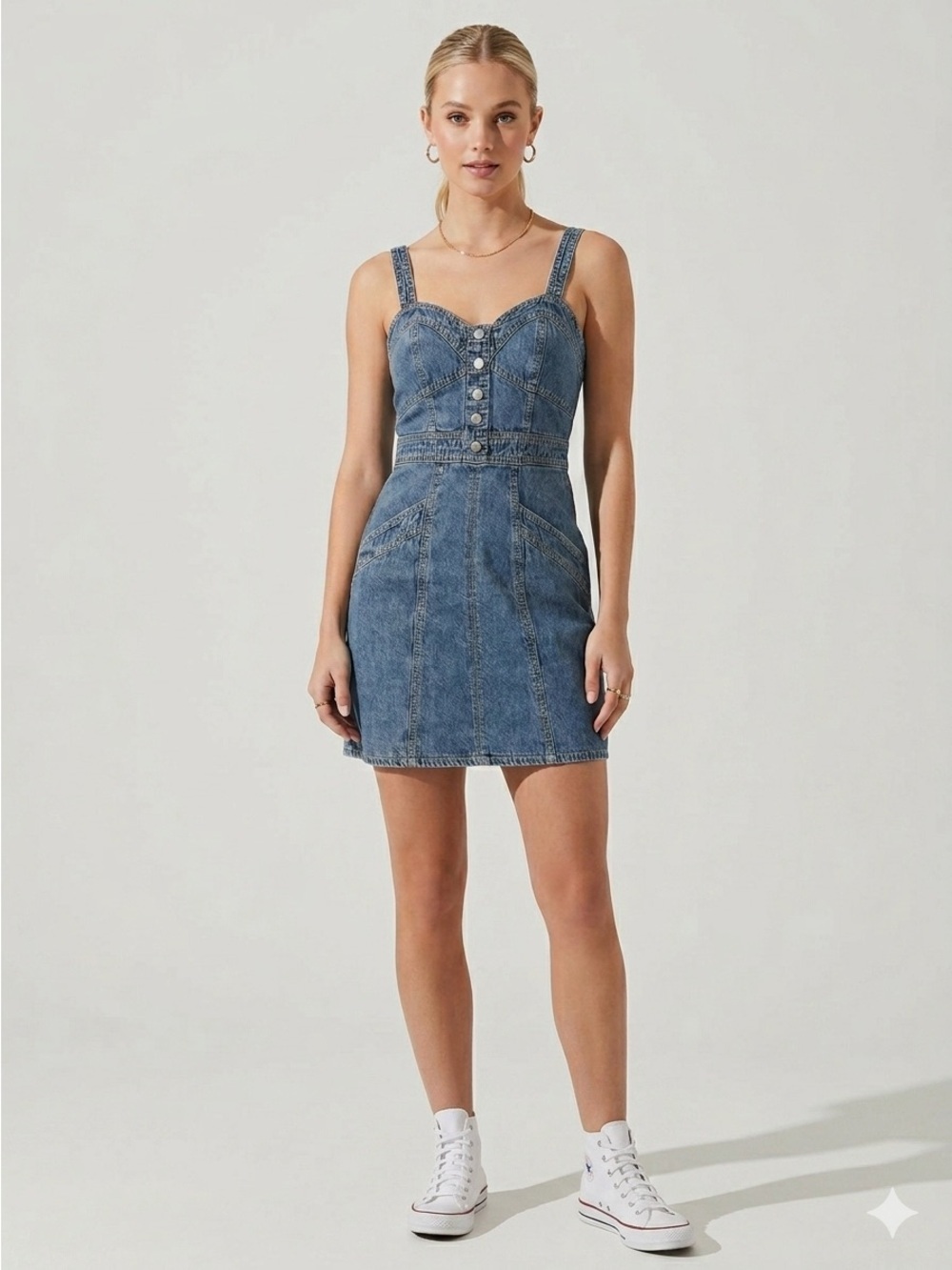 Japna Blue Denim Sweetheart Mini Dress with Faux Button Retro Coastal Cowgirl S